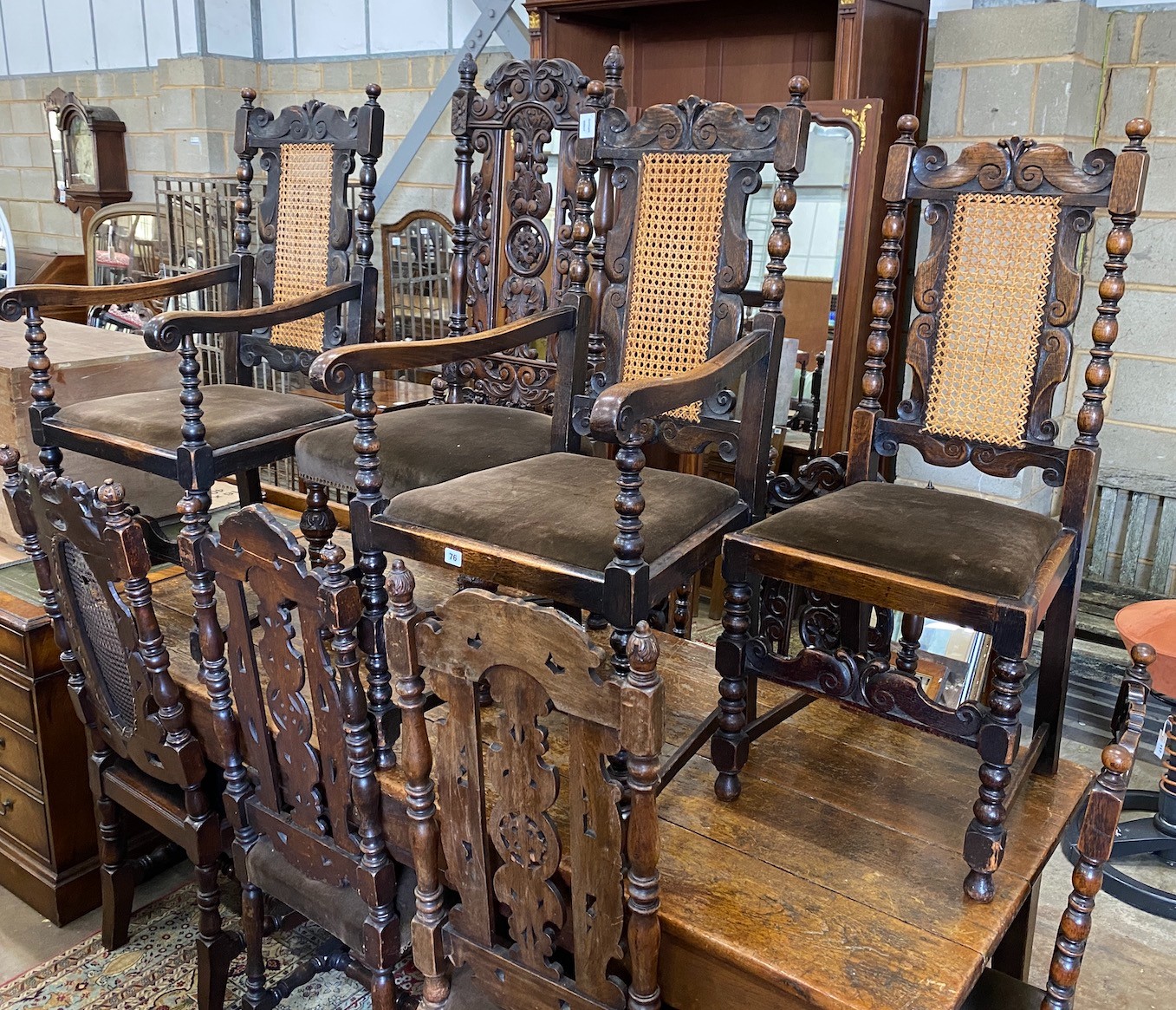 A harlequin set of eight late 17th century and later dining chairs, and three similar chairs (11)